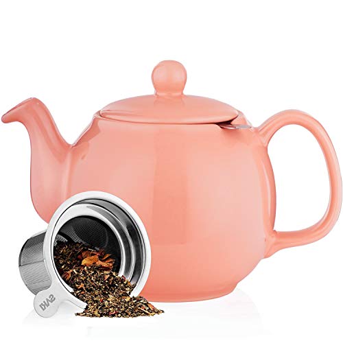 Image of SAKI Large Porcelain Teapot, 48 Ounce Tea Pot with Infuser, Loose Leaf and Blooming Tea Pot - Pink