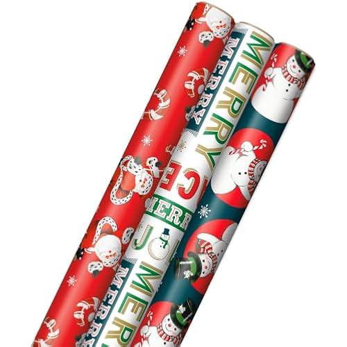 Hallmark Vintage Christmas Wrapping Paper Cut Lines on Reverse (3 Rolls: 120 sq. ft. ttl) Dancing Santas, Classic Snowman, "Merry, Jolly, Happy, Peace"