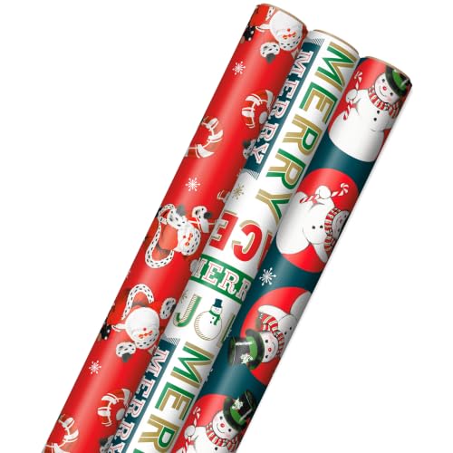 Hallmark Vintage Christmas Wrapping Paper Cut Lines on Reverse (3 Rolls: 120 sq. ft. ttl) Dancing Santas, Classic Snowman, "Merry, Jolly, Happy, Peace"