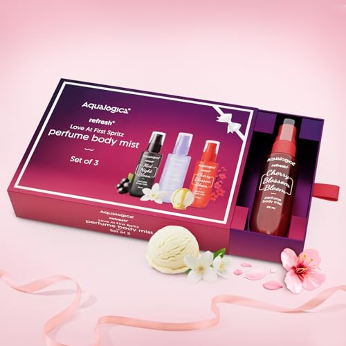 Image of Aqualogica Refresh+ Love at first spritz Set of 3 Perfume Body Mist| Travel-Friendly | Long-lasting & Hydrating | Perfect for Gifting