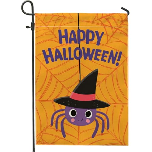 Halloween Spider Garden Flag, Yellow Friendly Spider Home Decor Banner, Double Sided Burlap Yard Flag for Outdoor Lawn Decoration 12x18 Inch