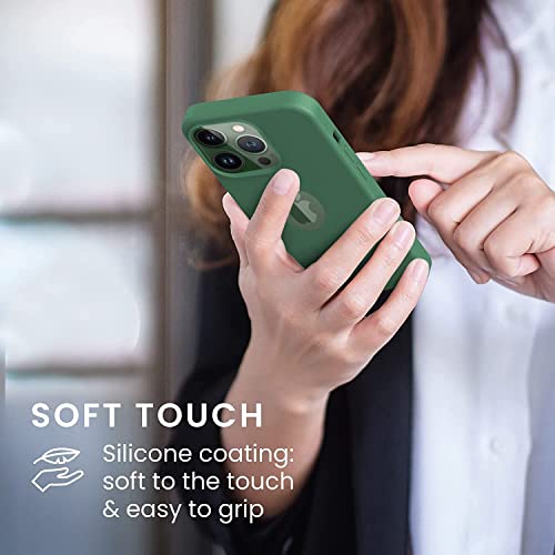 Image of VONZEE Microfiber Logo Cut Cover Compatible for iPhone 13 Pro Case Cushion Liquid Soft Silicone Gel Rubber Cases Non-Slip Full Body Protective Shockproof Back Cover 6.1 inch, Forest Green