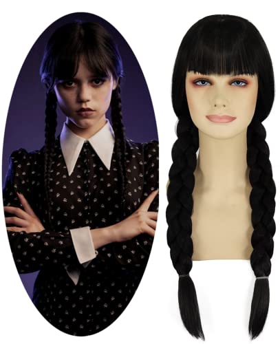 Juziviee Girls Kids Wednesday Addams Wig Long Black Braided Wig Cute Natural Soft Hair with Wig Cap Braids Synthetic Wigs for Party Costume JZ025BK
