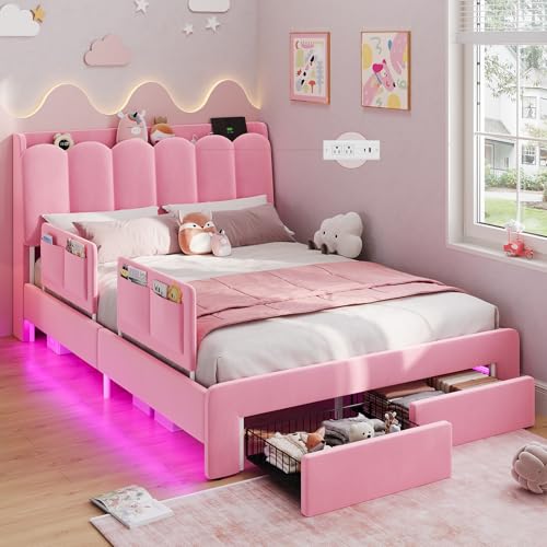 Image of DICTAC Full Size Girls Bed Frame with Storage Drawer and Safety Guardrails, LED Velvet Upholstered Princess Platform Bed with Wavy Storage Headboard and Charging Station,Heavy Duty Metal Support, Pink