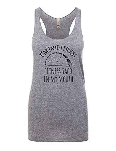 I'm Into Fitness - Fitness Taco In My Mouth, Women's Graphic Racerback Tank Top by Moonlight Makers, Funny Gift for Her, Shirts with Sayings, Yoga Tee (M, Heather Gray)
