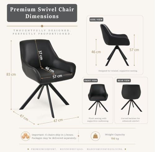 Image of Set of 6 Chairs 360 Degree Rotating Legs Stylish, Modern, Elegant & Comfortable PU Leather Arms Chairs for Dinning Living Hotel Cafe (6 Chairs) (Black Set of 6)
