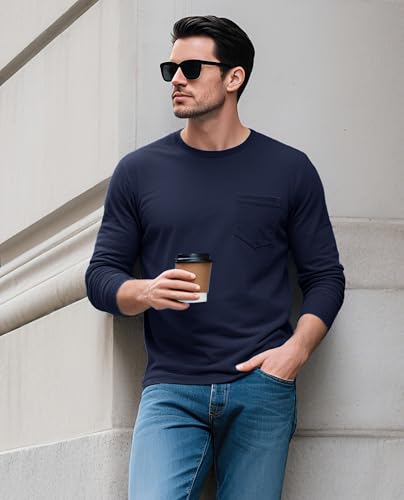 EKLENTSON Men's Cotton T-Shirts Long Sleeve Pocket Tee Crewneck Moisture Wicking Casual Tshirts Solid Color2