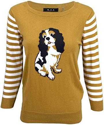 YEMAK Women's Knit Pullover Sweater – Stripe Long Sleeve Crewneck Cute Dog Animal Jacquard Soft Casual Lightweight Knitted Top MK3199-CAM-S