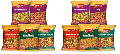 Image of Bikano Namkeen Combi Pack - 5-in-1 Indian Snack Combo | Includes Navratan Mixture, Tasty, Khatta Meetha, Lajawab Mixture & Aloo Bhujia | Ready-to-Eat | 340g (Pack of 2)