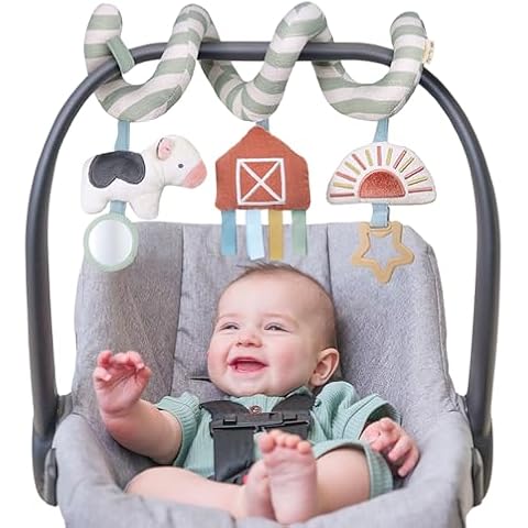 Itzy Ritzy Spiral Car Seat & Stroller Activity Toy - Stroller & Car Seat Toys for Ages 0 Months and Up - Hanging Toys Include Dangling Ring, Mirror and Textured Ribbons (Farm) Cover