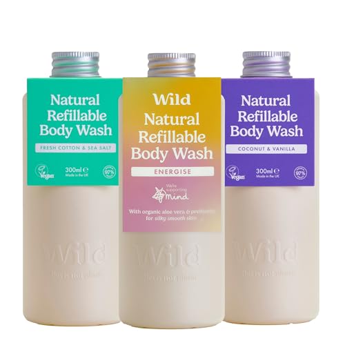 Wild Natural Refillable Body Wash 300ml - 3 Pack of Shower Gel Refills in a Variety of Scents - Includes Coconut & Vanilla, Fresh Cotton and Energise Scents