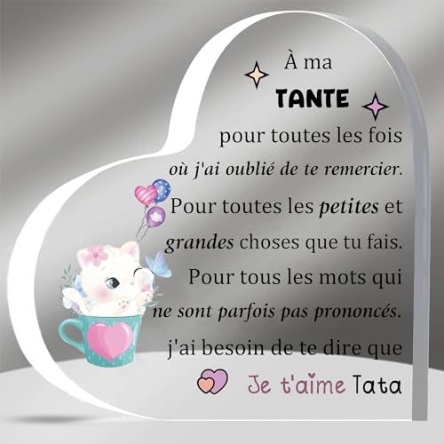 HZBLAZ Tante Acrylique Plaques Cadeaux Fête des Mères Apprécier Anniversaire Tatie Coeur Signe Décoration Maison Souvenirs Noël de Nièce Neveu Mignon Chat Ma Tata Amour Rappel Souvenir