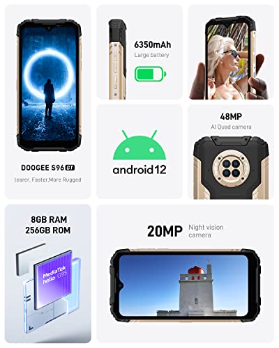 Doogee Rugged Smartphone(2022), S96 Gt 6.22" 8Gb+256Gb Waterdrop Screen Rugged Phone Unlocked, Android 12 Phone, Night Vision, 48Mp Quad Camera, Ip68 Waterproof Outdoor Cell Phone, Nfc, Otg, Dual 4G #TOP1