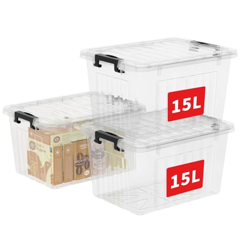 Cetomo 15L*3 Cajas de Almacenamiento con Tapas, Contenedores de Plástico con Broches de Enganche, Apilables, Encajables, Organizador Rayado para Ropa Juguetes Armario, Transparente, 15L-3 Pack