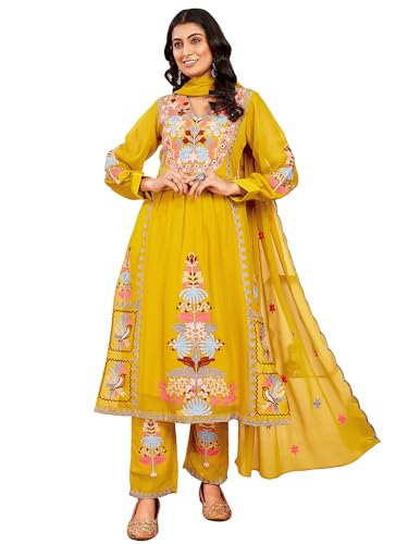 Image of Fabzoo Women's Georgette Embroidery Work & Original Mirror Anarkali Kurta Palazzo & Dupatta Set | Kurta & Palazzo Full Stitch And Full Inner | Palazzo Full Elastic (YELLOW -XL)