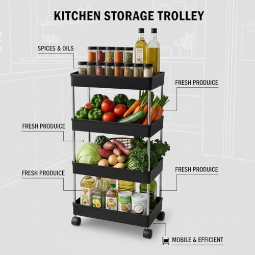 Image of Umite Chef 4 Tier Kitchen Trolley Organizer with Wheels | Multipurpose Storage Rack | Vegetable & Fruit Basket Stand | Rolling Utility Cart for Kitchen, Bathroom, Office - Black