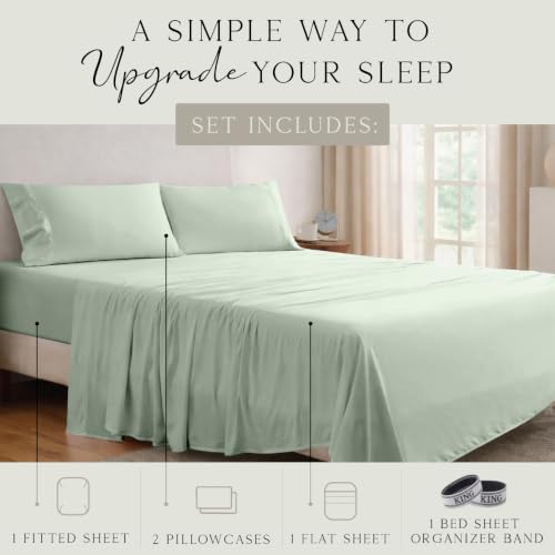 Image of KARISSA MAE Luxury Bamboo Viscose King Size Sheet Set | FSC Certified | Cooling | Ultra Soft | 18 inch Deep Pockets | Elastic Corner Straps | Includes Organizer Band [Sea Glass]