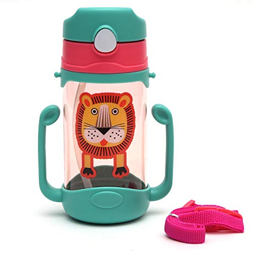 Image of Koochie-Koo Plastic One Touch Open Cute Lion Printed Handy Transparent Sippy Cup Bottle with Handle, Straw and Strap for Kids, Water Bottles for Toddler Boys & Girls (Green, 450 ml)