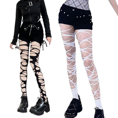 2 Pairs Premium Velvet Gothic Punk Ripped Patterned Women's Tights with Designs Ragged Pantyhose Stockings