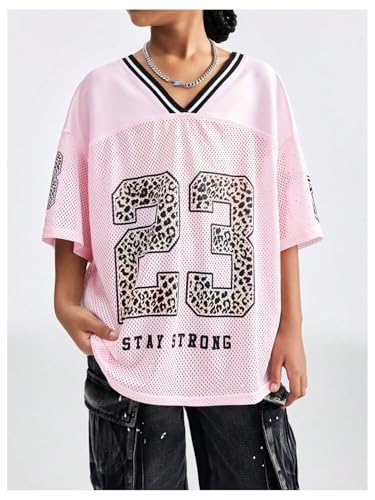 Image of Floerns Girl's Jersey Shirt Printed Oversized Short Sleeve Mesh Tee Shirts V Neck Sport Jersey Shirts
