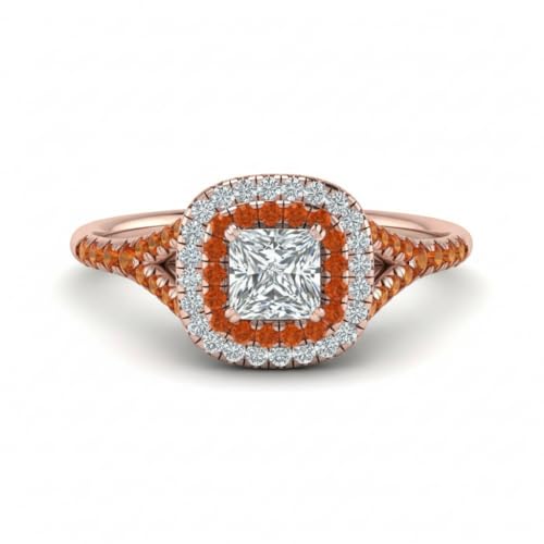 Image of Choose Your Gemstone Delicate Double Halo Diamond CZ Ring Rose Gold Plated Princess Shape Halo Engagement Rings Matching Jewelry Wedding Jewelry Easy to Wear Gifts US Size 4 to 12