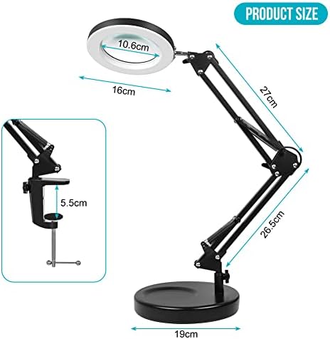 HJZ Magnifying Desk Lamp with Clamp & Base, 8X Magnifier Lamps 3Colors & 10 Brightness Dimmable Magnifying Glass Led Table Reading Lamp, 20 Inch Adjustable Swivel Arm Lamp Craft Light (Black)