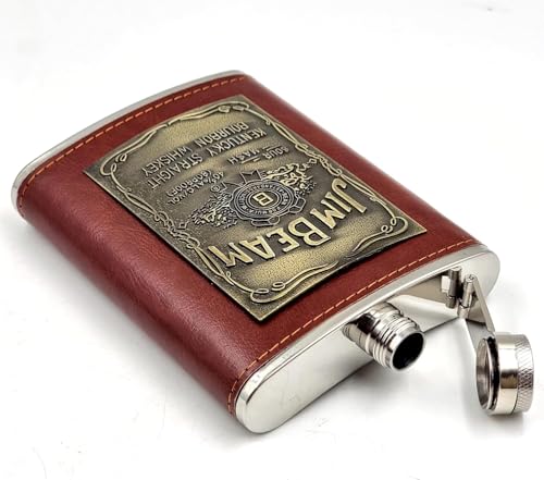 Image of JBPM Stainless Steel Hip Flask with Funnel 8 Oz (236 ml) I Stitched PU Leather Cladding with Metal Plate Design Whiskey Flask I Unisex Alcoholic Drinks Holder Pocket Bottle (JBP Maroon+Funnel)