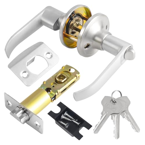 Quixenta Lever Door Handle Lock with Keys, Satin Nickel Door Handle Lock, Door Lock for Interior, Bedroom Door Lock, Privacy Knob Locking Device, Security Door Locks for Entrance/Exit Access