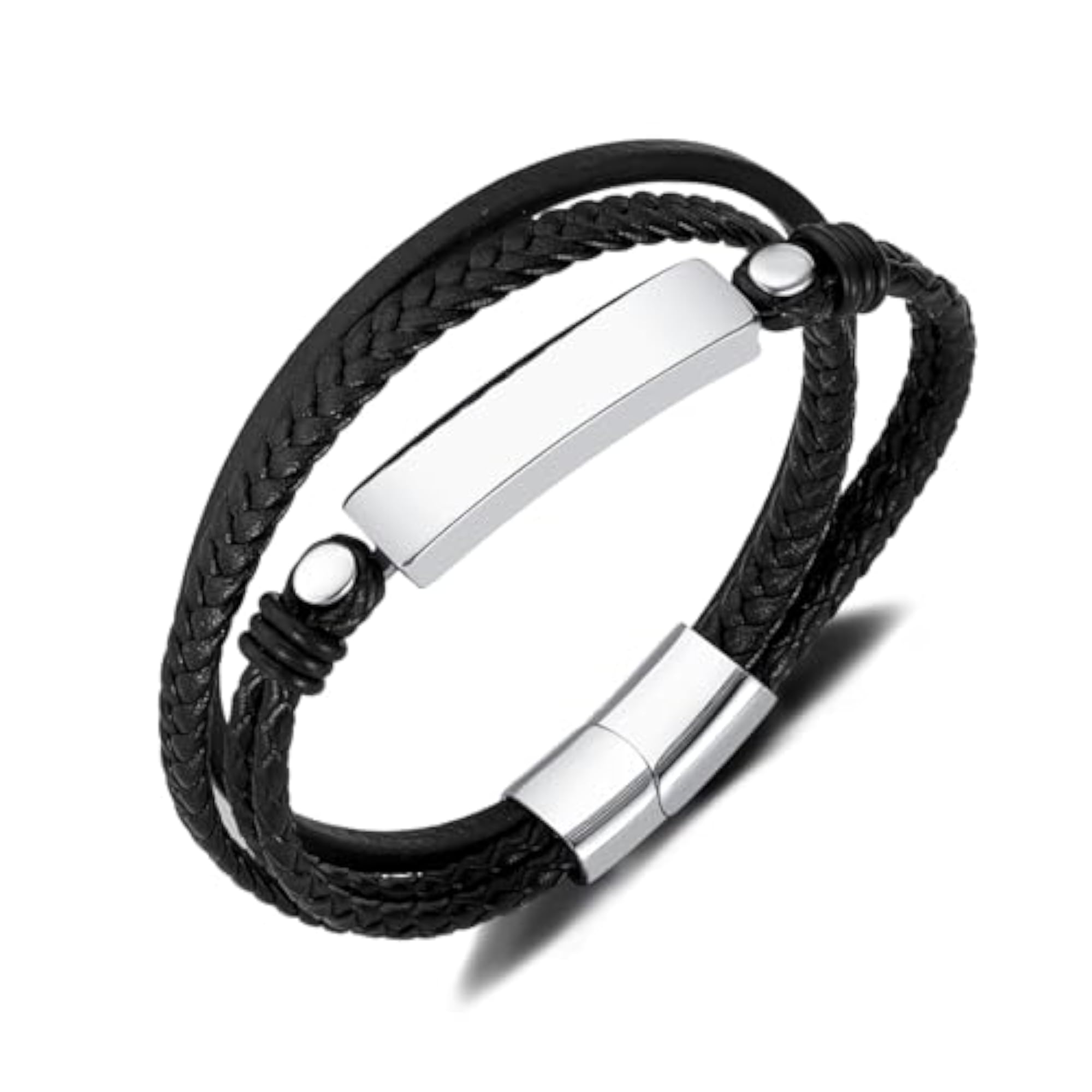 Men's Black Leather Stainless Steel Openable Bracelet, Stylish Gift