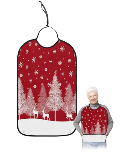 Kewadony Adult Bibs for Elderly Women - Red Christmas Tree Waterproof Dining Clothing Protectors with Crumb Catcher for Eating/Feeding, Xmas Elk Winter Snowflake Terry Cloth Bib Machine Washable