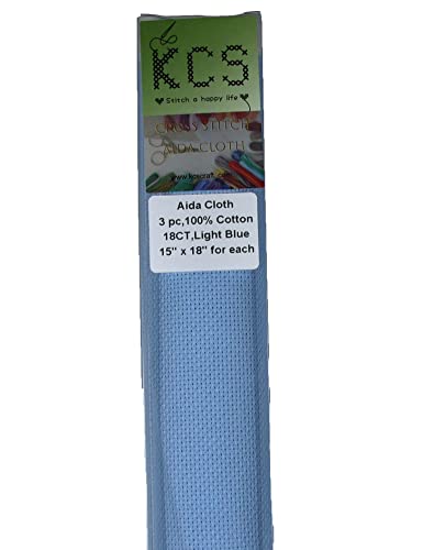 Image of KCS 3 pc of 15 inch x 18 inch Counted Cross Stitch Cotton Aida Cloth Needlework Rolled Fabric Box,18CT,Light Blue