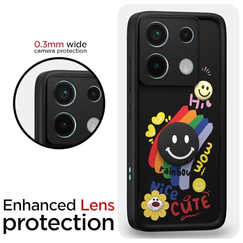 Image of Pikkme Back Cover for Redmi Note 13 Pro 5G / Poco X6 5G | Soft Silicone| Cute Rainbow Smile & 3D Cartoon Flower Design | Shockproof Raised Camera Protection Bumper Case (Black)