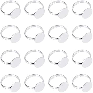 PandaHall Elite 50 pcs Brass Pad Ring Bases For Ring Making Or Cabochons Finger Ring Bases Components Findings, Adjustable, Silver Color, 12mm