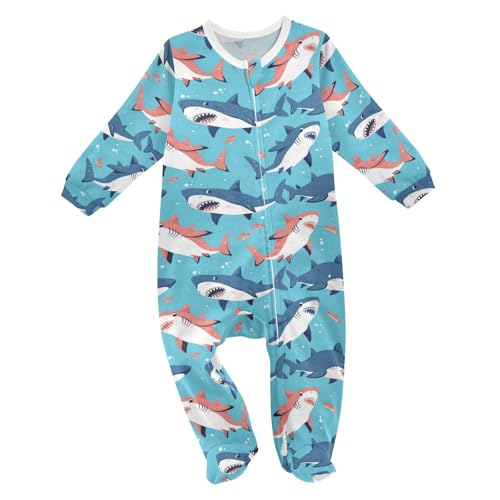 Wusikd Cartoon Shark Fishes One-Piece Footies Cute Bodysuit Rompers Zipper for Boys Girls 24M