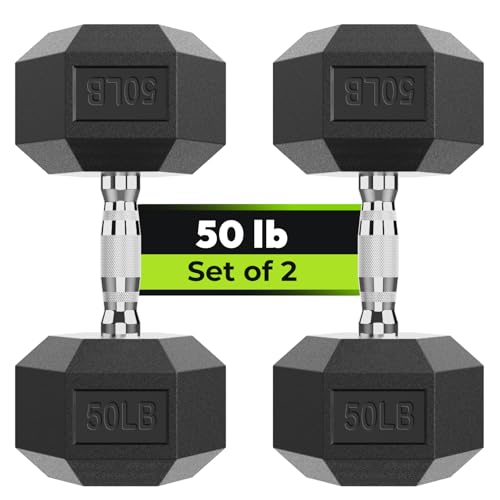 Hex Dumbbell Rubber Encased Strength Training Dumbbells, Hand Weight For Workout & Exercise/Pair of 50LB