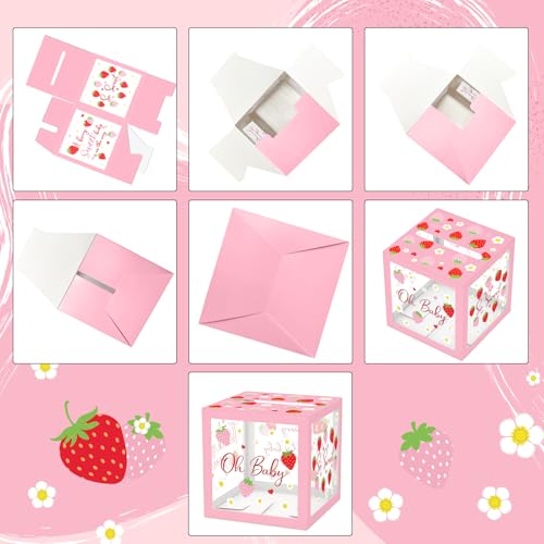 Image of 51Pcs Strawberry Diaper Raffle Tickets with Box for Baby Shower Games, A Berry Sweet Baby Is On The Way Diaper Raffle Card Box for Gender Reveal Raffle Party Decoration Clear Card Boxes