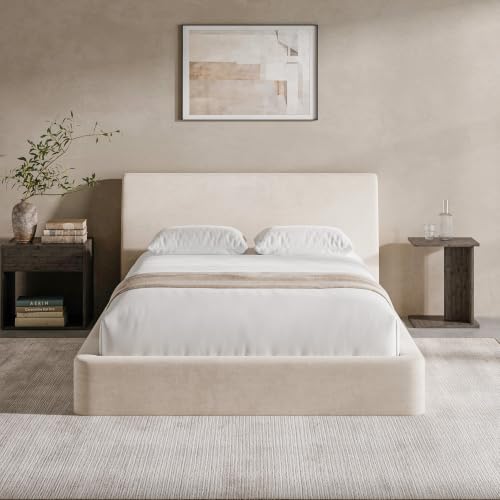 Image of RECCI AirFrame Full Size Bed Frame with Ergonomic Angled Headboard, 360 Cushioned Platform Bed Frame, Low Profile Minimalist Soft-Frame Bed, No Box Spring Needed, Easy Assembly, Beige Chenille