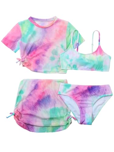 Milumia Girl's 4 Pieces Tie Dye Swimsuits Spaghetti Strap Bathing Suits with Coverup Top and Skirt Multicolor 10 Years