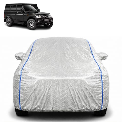 Image of Waterproof Car Cover for Mahindra Bolero | All Weather Protection | UV Resistant & Dustproof | Soft Cotton Lining to Prevent Scratches | Triple Stitched with Mirror Pockets & Elastic Hem