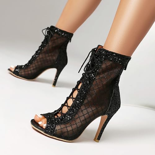 Image of Women's Lace Up Dance Heels Open Toe Mesh Sparkling Sequin Booties Peep Toe Stiletto High Heel Dance Shoes