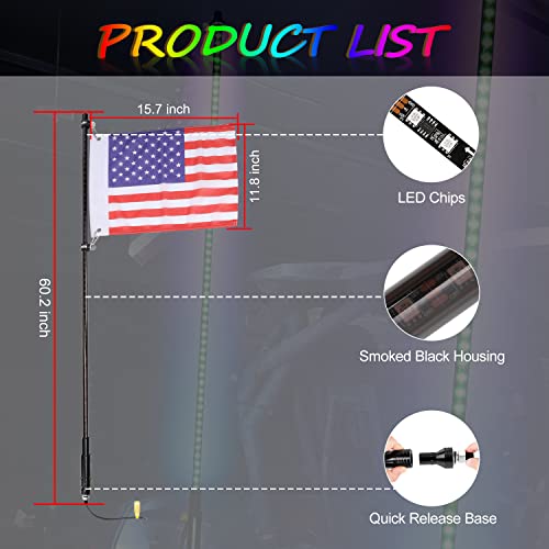 Niwaker Smoked Black 5ft LED Whip Lights with RF Remote Control RGB Dancing/Chasing Light Antenna LED Whips for ATV UTV Polaris RZR Off Road Truck Vehicle Dune 4X4