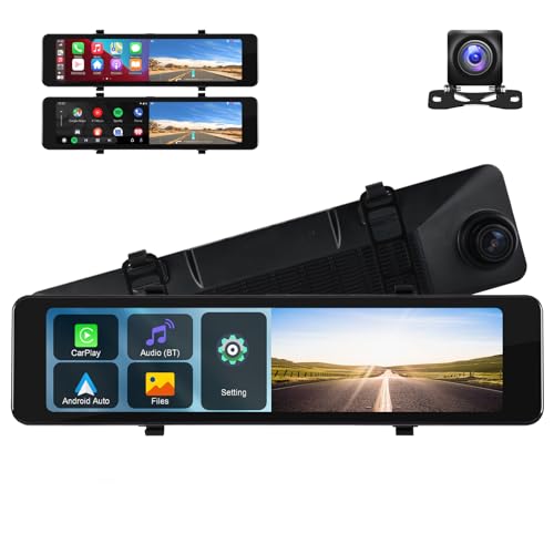 11.26 Inch 4K Mirror Dash Cam Backup camera with Wireless CarPlay Android Auto Front and Rear View Dual Cameras Night Vision Voice Control Bluetooth AUX Parking Monitor ADAS Loop Record for Cars Tucks