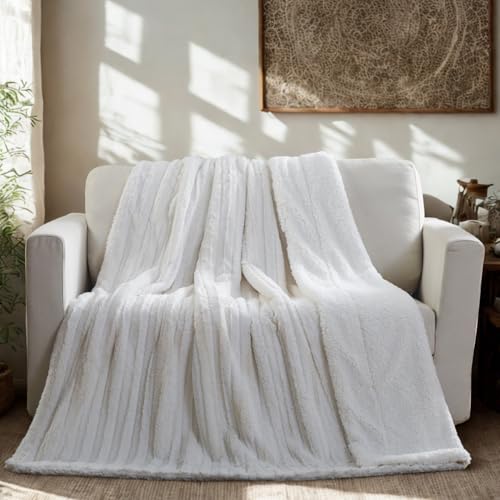 Tache White Ivory Super Soft Warm Polar Faux Fur with Sherpa Throw Blanket 63 x 87