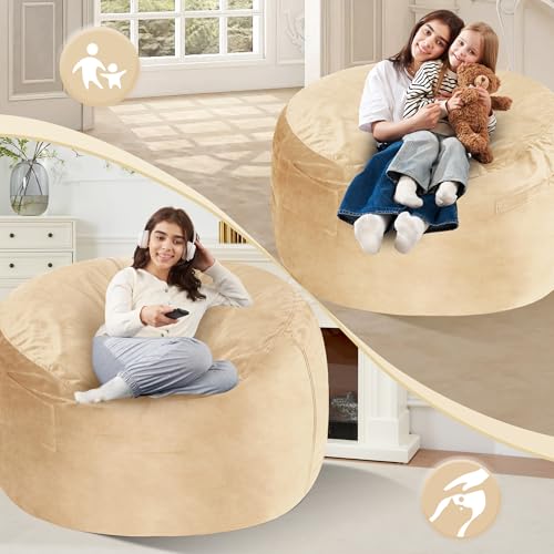 Homguava 4 FT Bean Bag Chair: 4' Bean Bags with Memory Foam Filled, Large Beanbag Chairs Soft Sofa with Dutch Velvet Cover-Khaki