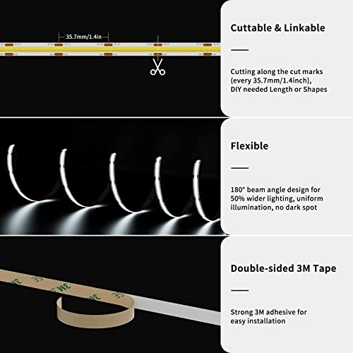 Gingsow Cob Led Strip 12V, 16.4Ft 1680Leds 6000K Daylight White Dimmable Led Strip Lights With Rf Remote,12V 3A/36W Power Supply Flexible Led Tape Light For Tv Kitchen Cabinet Diy Lighting Projects #TOP2