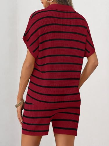Image of Tankaneo Womens 2 Piece Outfits Striped Knit Summer Sets V Neck Short Sleeve Tops and Shorts Lounge Matching Set