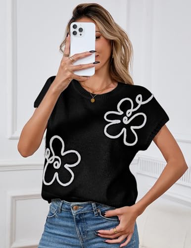 Womens Cute Flower Cap Sleeve Sweater Vest Spring 2025 Lightweight Ribbed Knit Crewneck Knit Top4