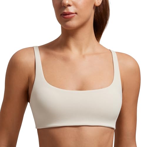 CRZ YOGA Butterluxe Spaghetti Strap Sports Bras for Women - Square Neck Yoga Wireless Low Coverage Padded Cami Crop Top Mojave Tan Medium