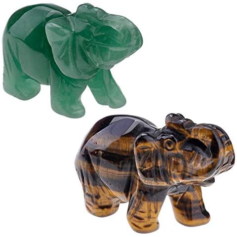Top Plaza 2pcs Healing Crystal Stones Tiger Eye Stone & Green Aventurine Elephant Figurines Reiki Gemstone Crafts Statues Elephant Gifts Collectible Decor for Home Office Desk 1.5 inches Cover