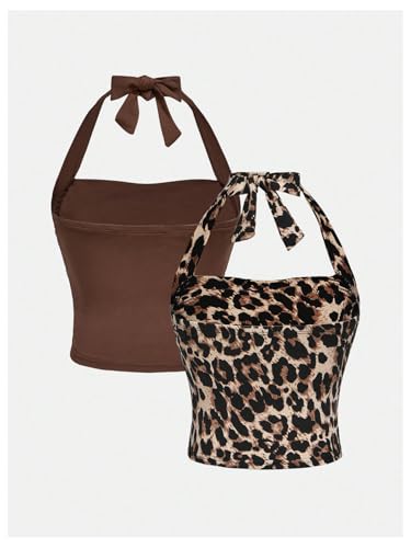 Image of SOLY HUX Girl's 2 Piece Halter Tank Top Leopard Print Ruched Tie Backless Sleeveless Y2k Tops